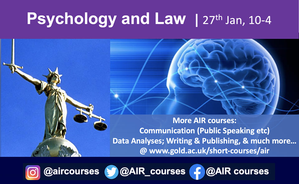 Psychology and Law, 1-day course, 27th January 2022, 10am-4pm GMT (London, UK), on Zoom